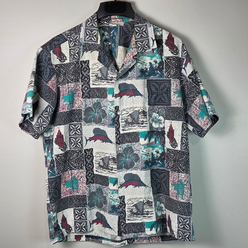 Made in Hawaii Aloha Shirt Mens L Vintage Marlin Surf Cotton